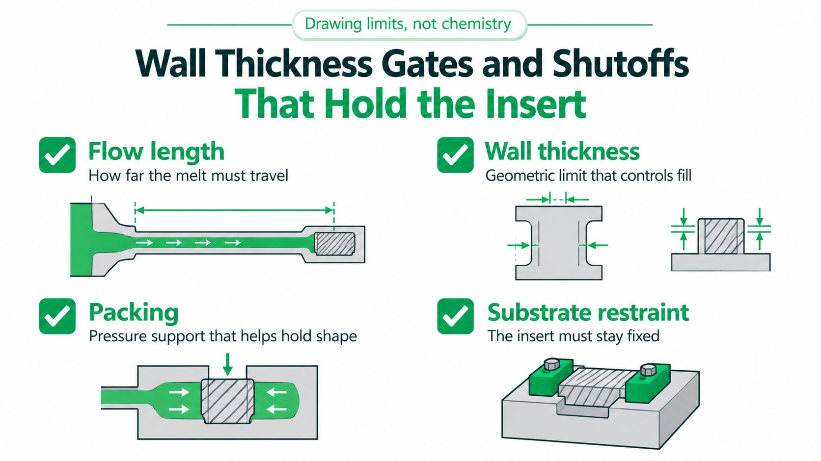 A diagram illustrating engineering considerations for injection molding, including flow length, wall thickness, packing, and substrate restraint.