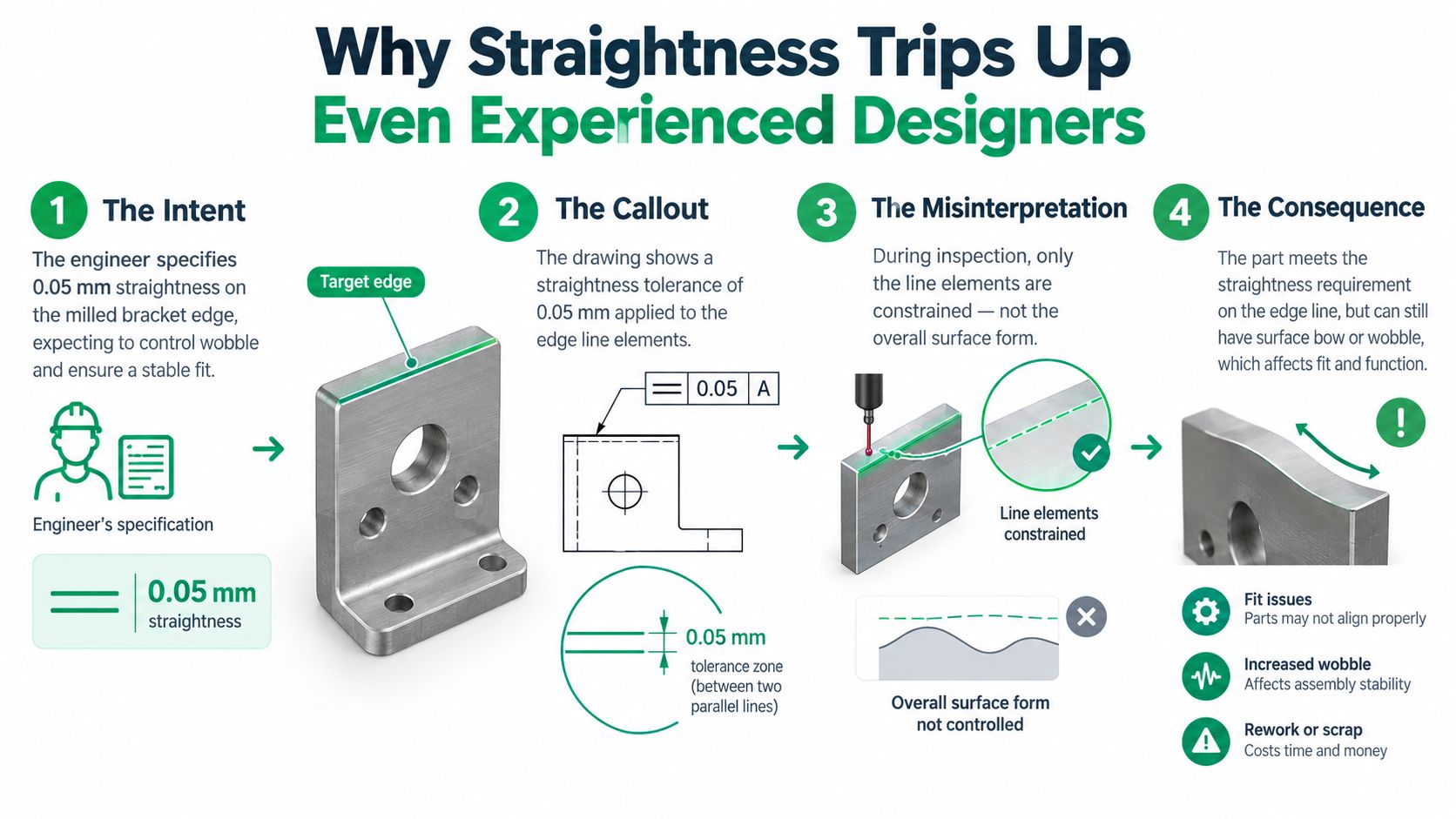 An infographic showing why straightness tolerance can fail to control overall surface form on machined parts.