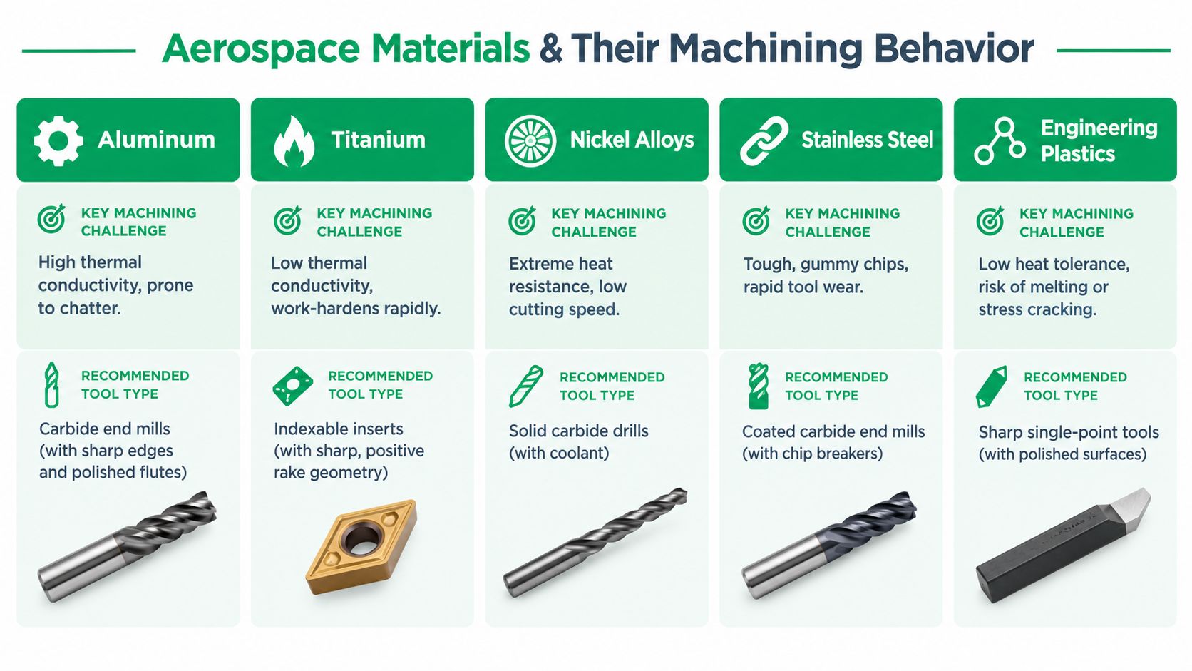 A chart detailing the machining challenges and recommended tool types for five common aerospace manufacturing materials.