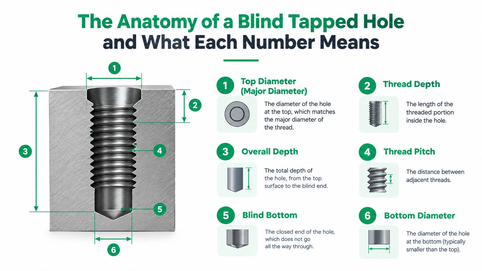 A diagram illustrating the anatomy of a blind tapped hole with labels defining measurements like diameter and depth.