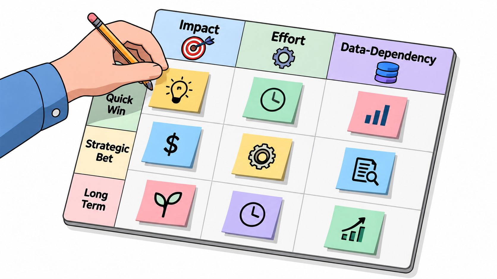 A person writing on a whiteboard with sticky notes representing impact, effort, and data-dependency categories.