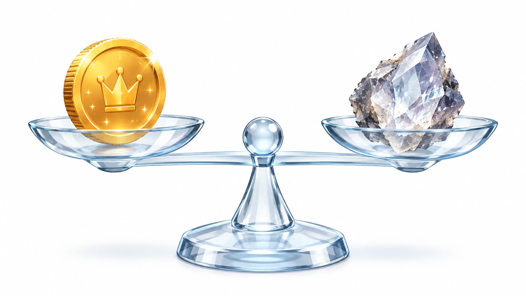 A golden coin with a crown emblem balanced against a jagged crystal on a glass scale.