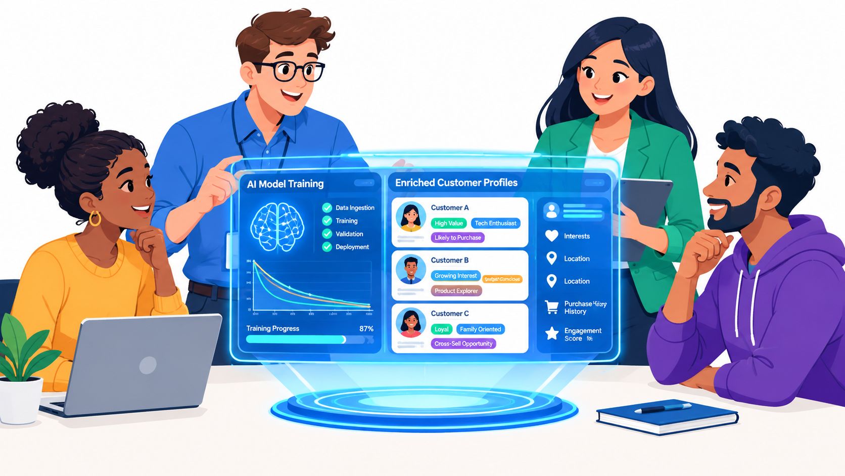 A diverse team of professionals analyzing AI-driven customer profile data on a futuristic holographic digital display.