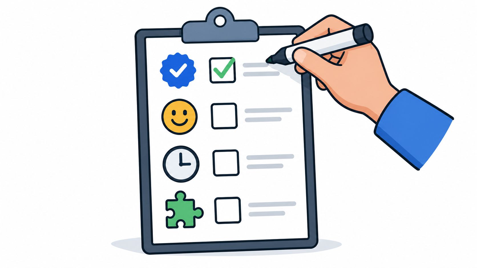 A hand using a marker to check a box on a clipboard with various task icons.