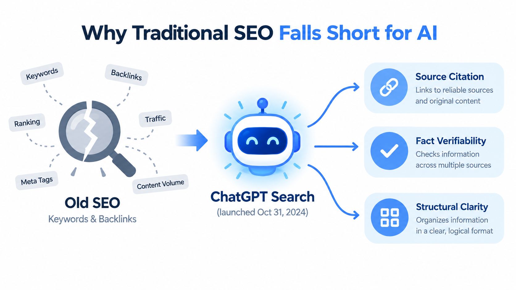 A diagram contrasting traditional SEO methods with the new requirements of ChatGPT Search and AI optimization.