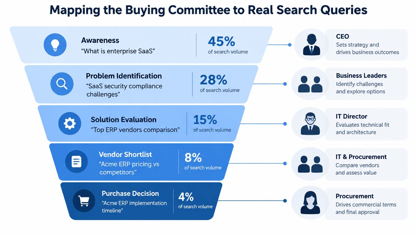 A funnel diagram mapping the B2B buying committee roles to different stages of search intent and volume.