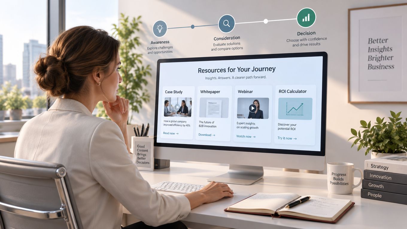 A professional woman viewing business resource navigation tools on a computer screen in a bright office environment.