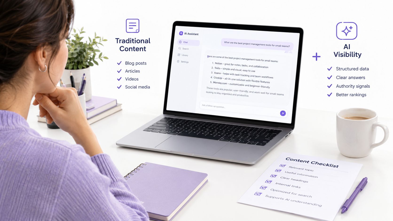 A woman working on a laptop at a desk, reviewing content marketing and AI visibility strategies.