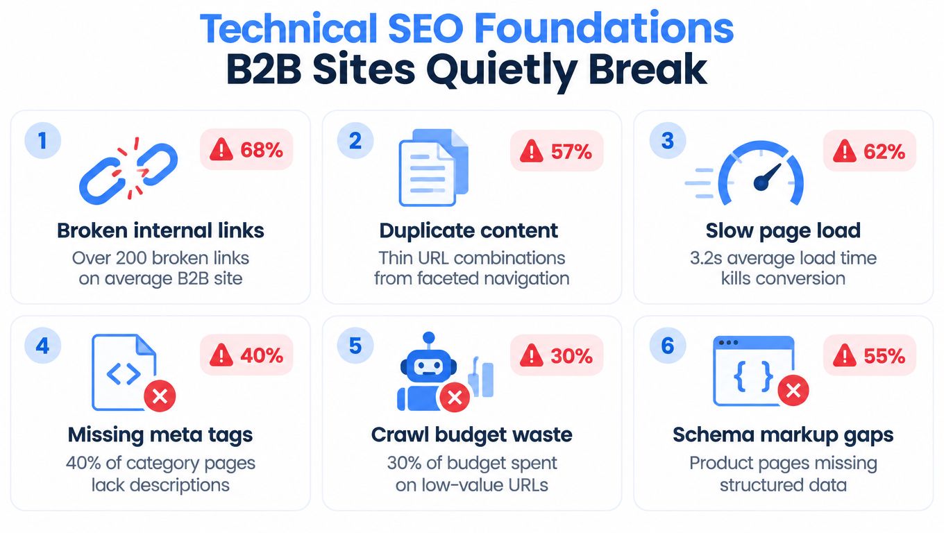 An infographic showing six common technical SEO failures on B2B websites with their respective percentage occurrence rates.