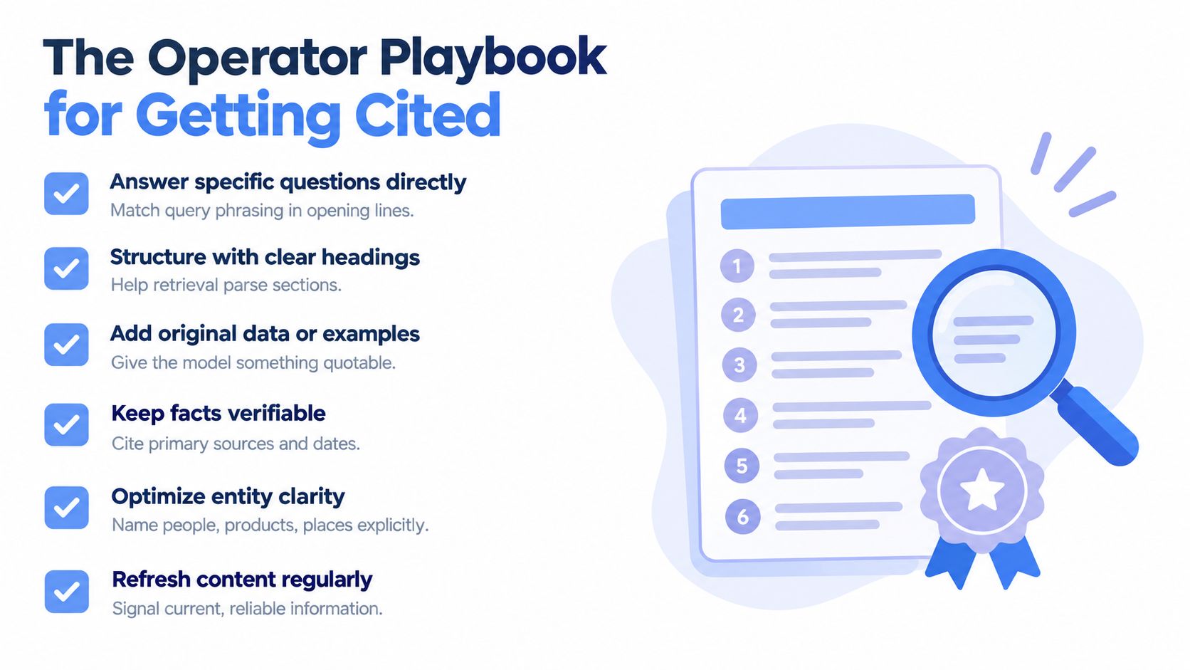 A checklist infographic titled The Operator Playbook for Getting Cited illustrating six steps for SEO optimization.