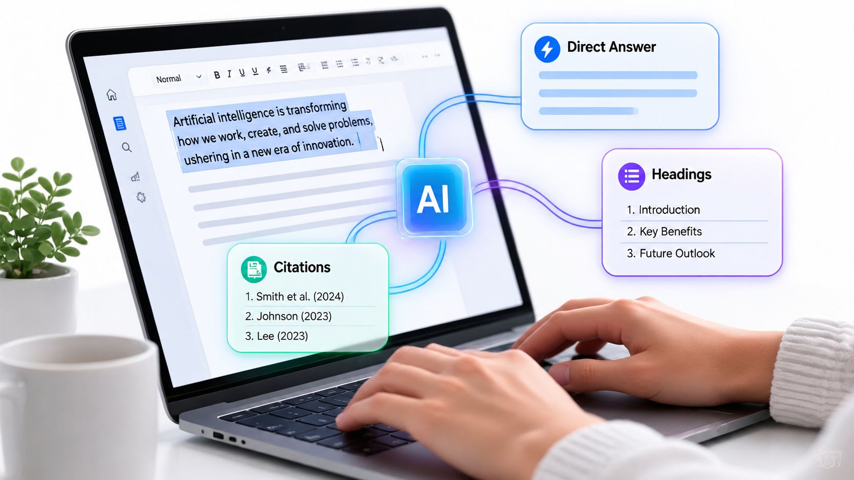 A person typing on a laptop screen showing AI-assisted writing tools for headings, citations, and direct answers.