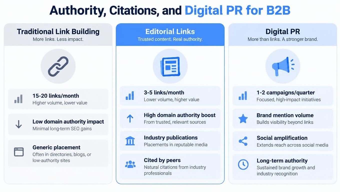 A comparison chart outlining the strategic differences between traditional link building, editorial links, and digital PR for B2B.