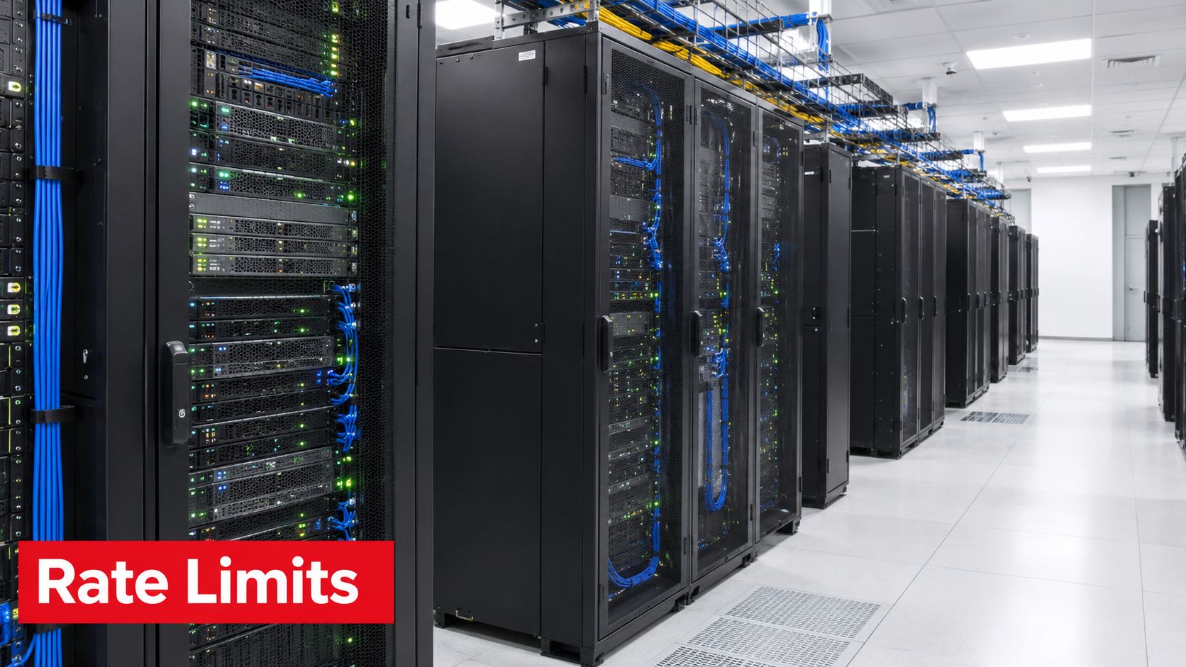 Rows of server racks in a modern data center with blue cables and blinking status lights.
