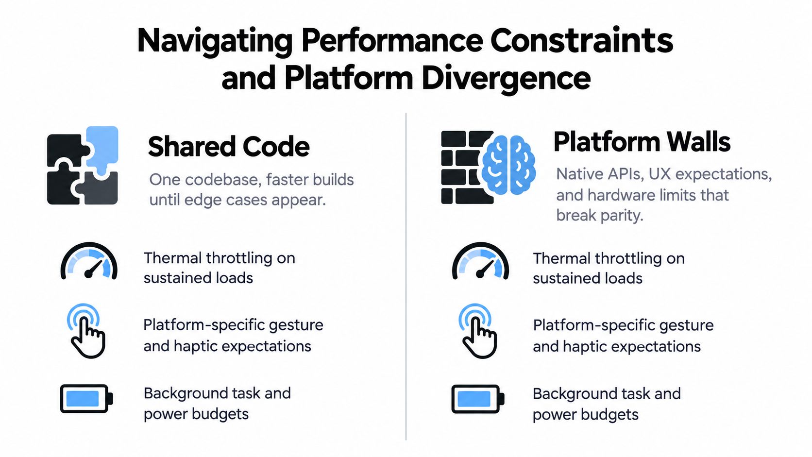 A comparison chart outlining challenges in cross-platform app development between shared codebases and platform-specific constraints.