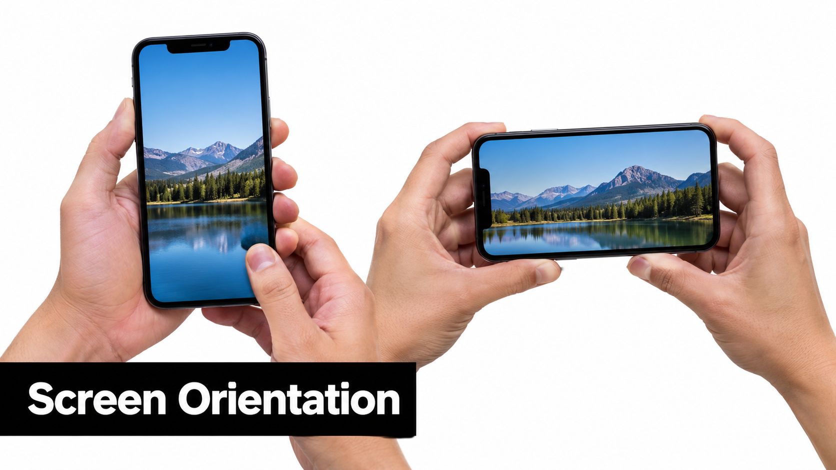A person holding a smartphone showing the difference between portrait and landscape screen orientation modes.