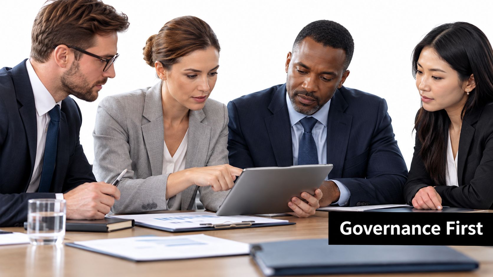 A diverse group of four professionals collaborating and discussing data on a tablet in a modern office.