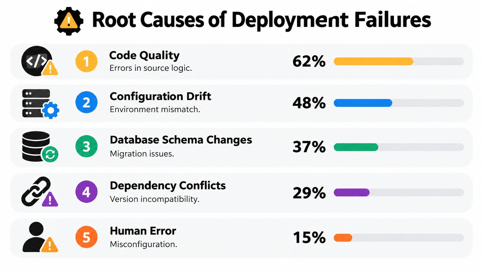 A list showing the top five root causes of deployment failures with their corresponding percentages.
