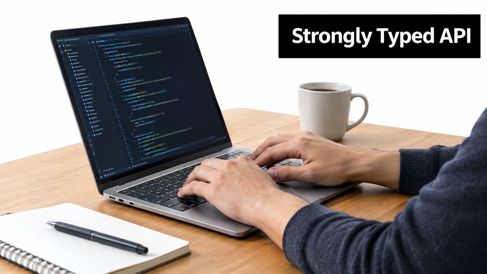 A person coding on a laptop displaying code on a desk next to a coffee mug.