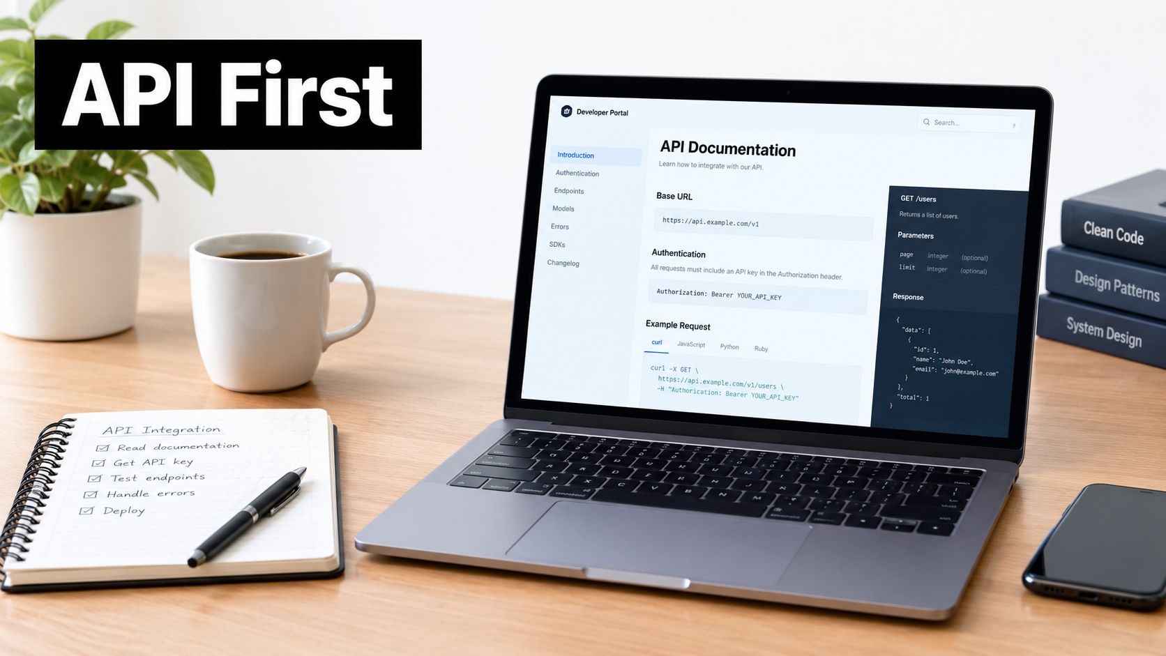 A modern desk workspace with a laptop showing API documentation, a notebook, and professional design books.