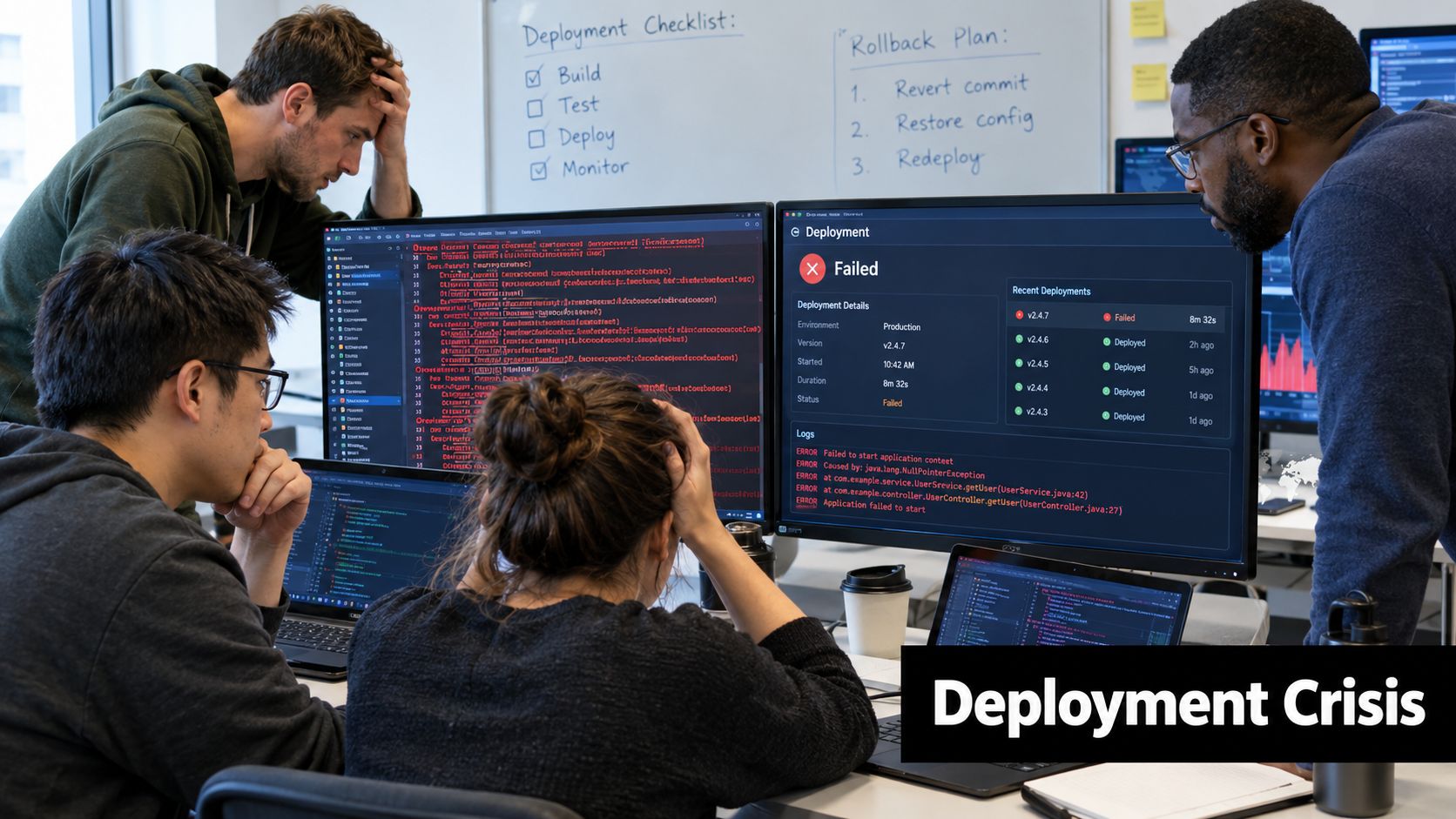 A team of stressed software engineers analyzing a failed deployment log on their computer monitors.