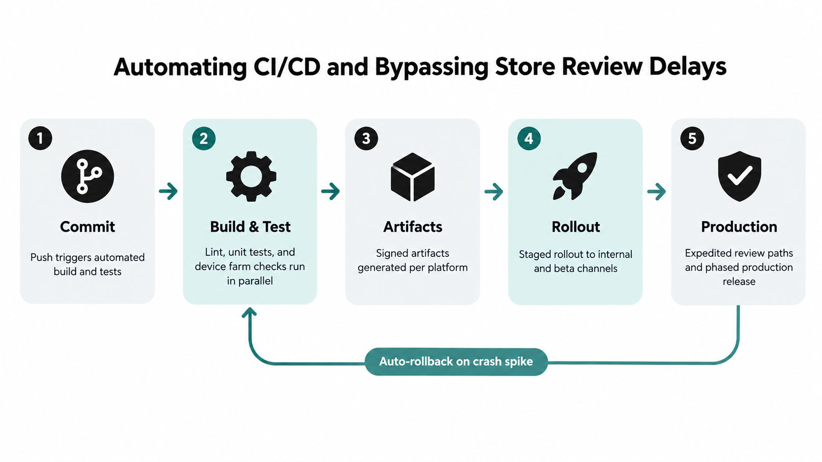 A five-step diagram illustrating an automated CI/CD pipeline for mobile app development including an auto-rollback feature.
