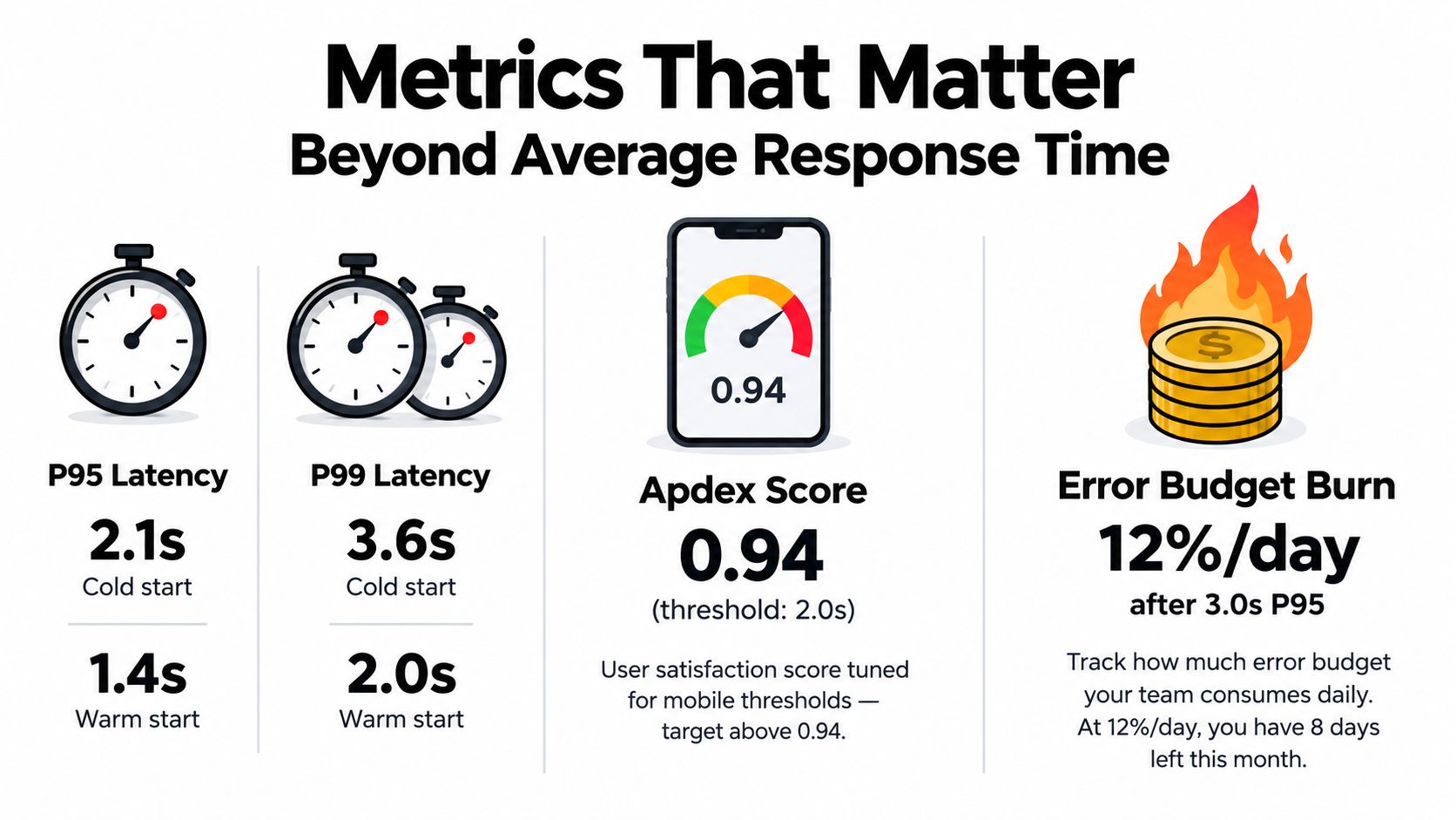 An infographic showing critical cloud performance metrics including P95/P99 latency, Apdex score, and error budget burn.