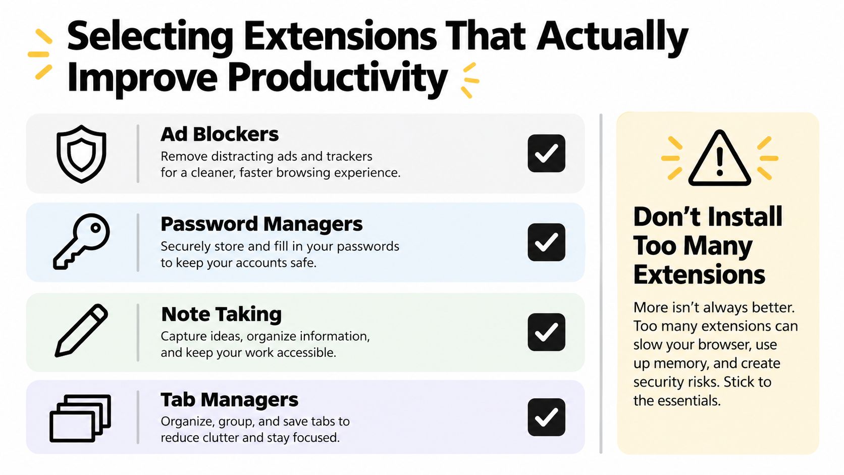 An infographic illustrating essential browser extensions for improved productivity, including ad blockers, password managers, note-taking, and tab managers.