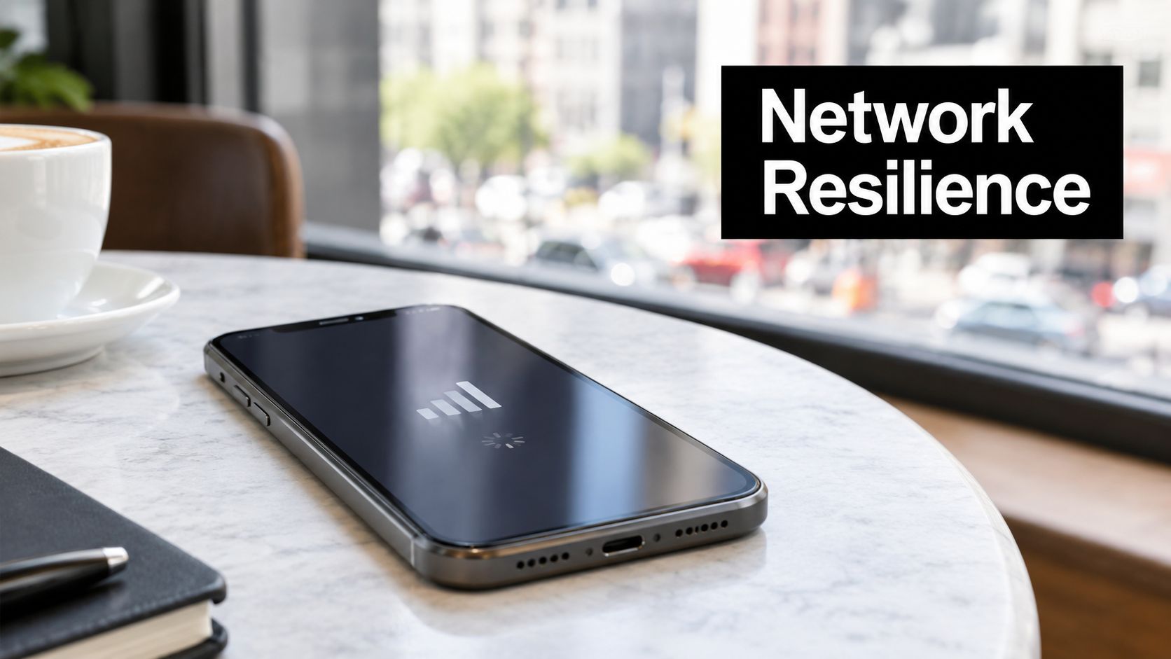 A smartphone on a table showing a network loading icon, representing challenges in mobile apps testing checklist.