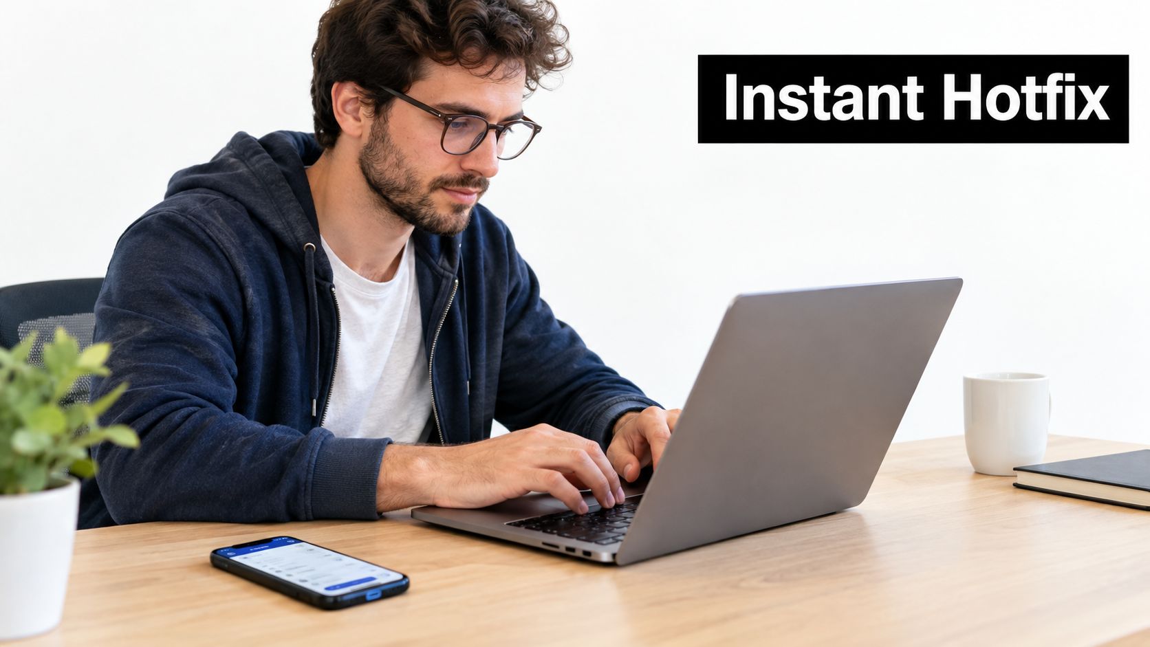 A young professional with glasses working on a laptop at a wooden desk with a mobile phone.