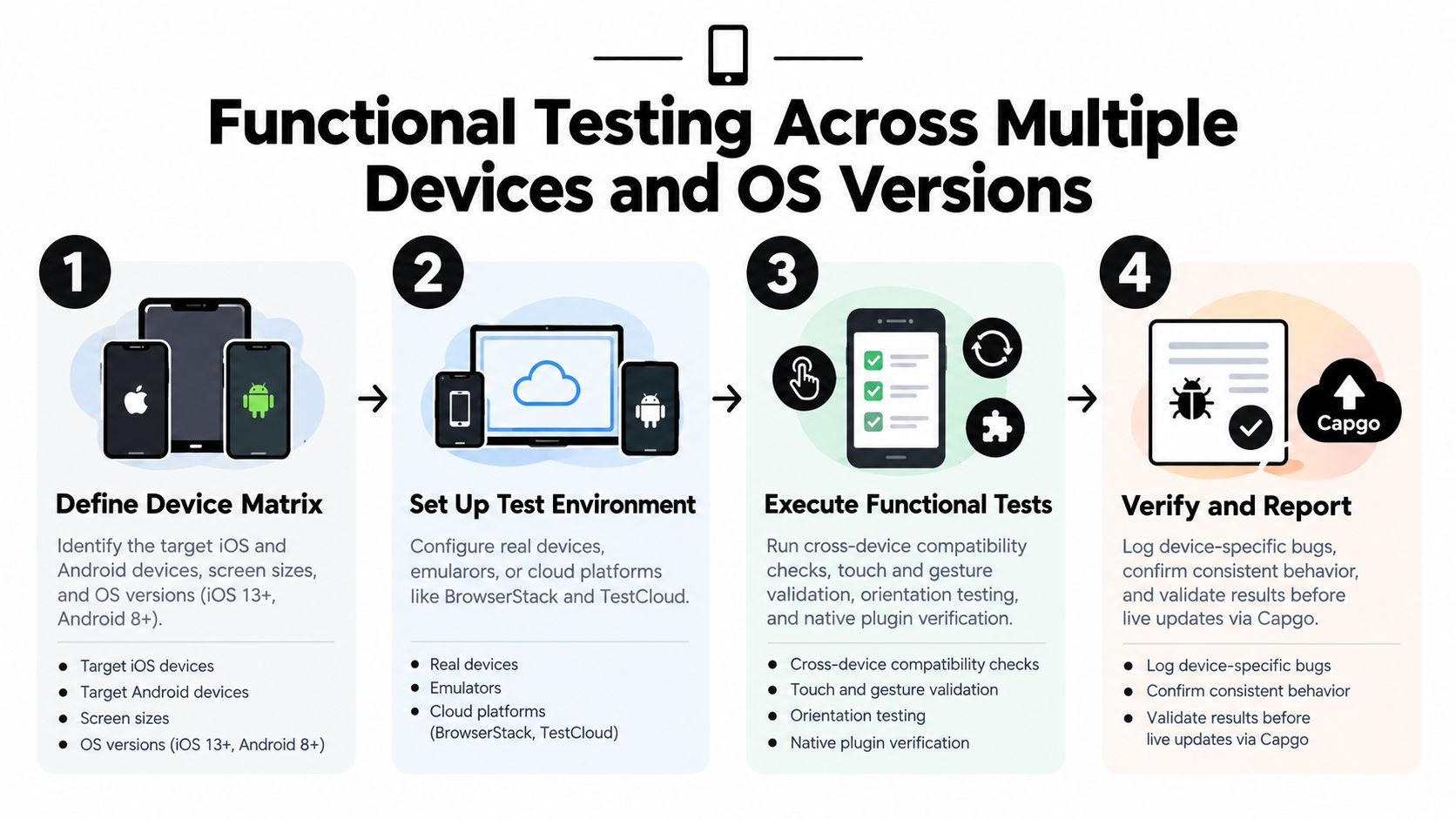 A four-step infographic illustrating the functional testing process for mobile apps across different devices and OS versions.