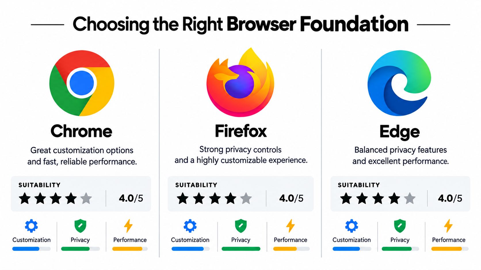 A comparison chart showing Chrome, Firefox, and Edge browsers with their respective features and suitability ratings.
