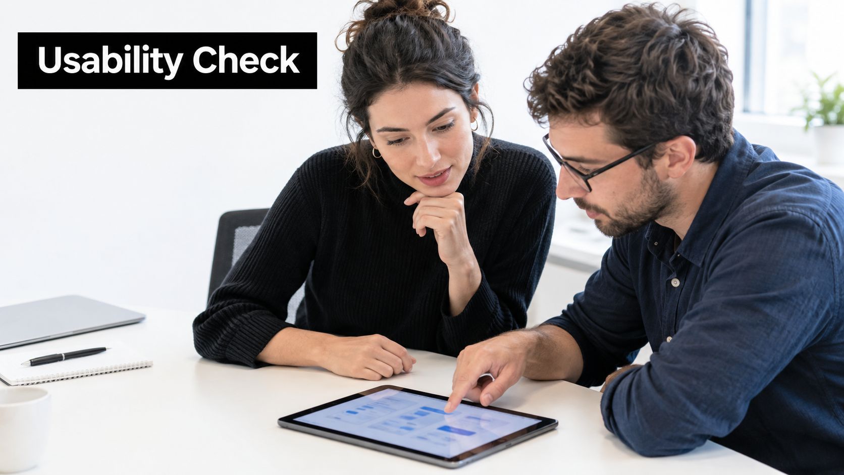 A man and woman reviewing a mobile application on a tablet during a usability check session.