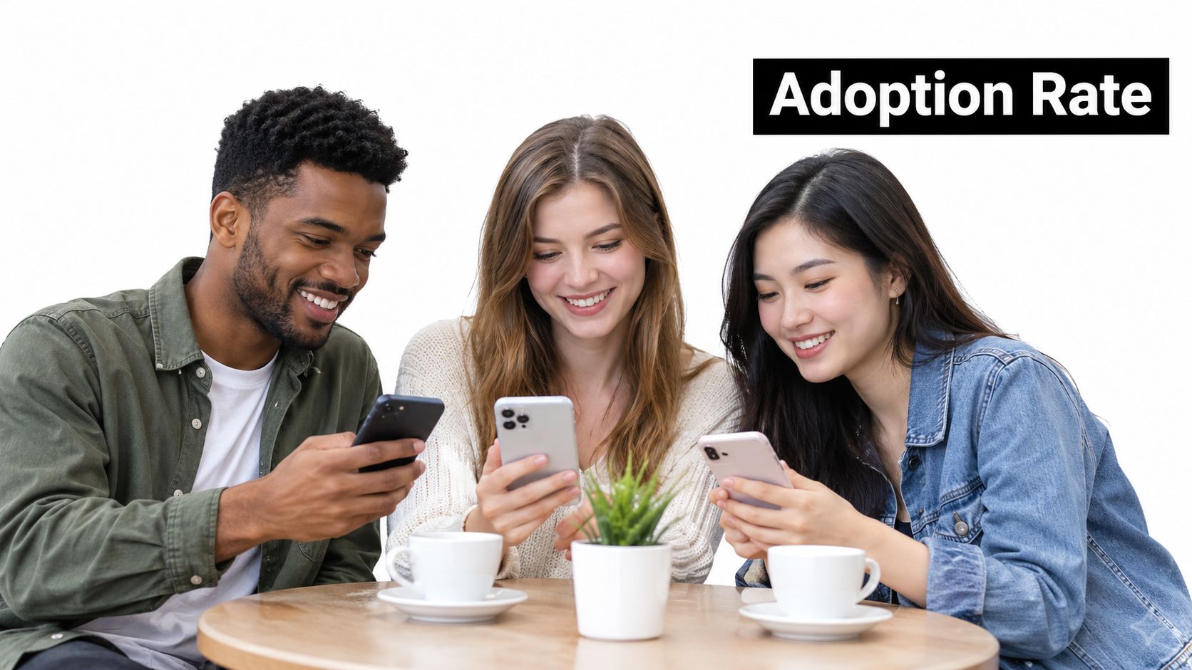 Three young friends smiling and looking at their smartphones while sitting at a table in a cafe.