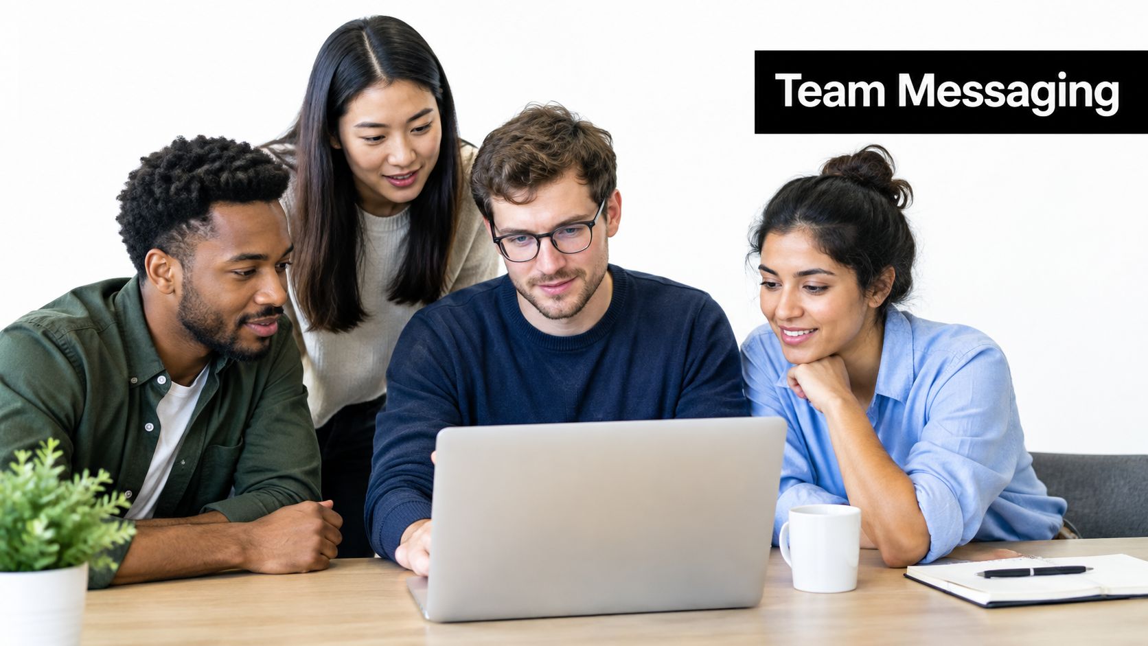 A diverse team of four colleagues collaborating on a project while looking at a laptop screen together.