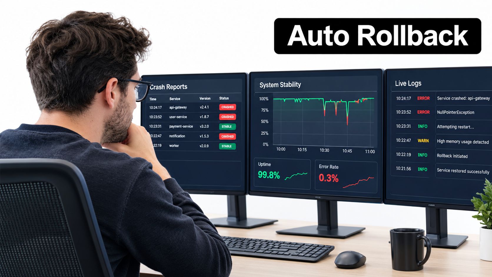 A professional developer monitoring system stability, crash reports, and live logs on three computer screens.