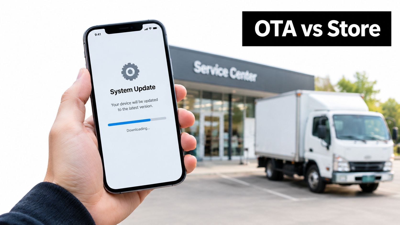 A hand holding a smartphone displaying an OTA system update with a service center in the background.