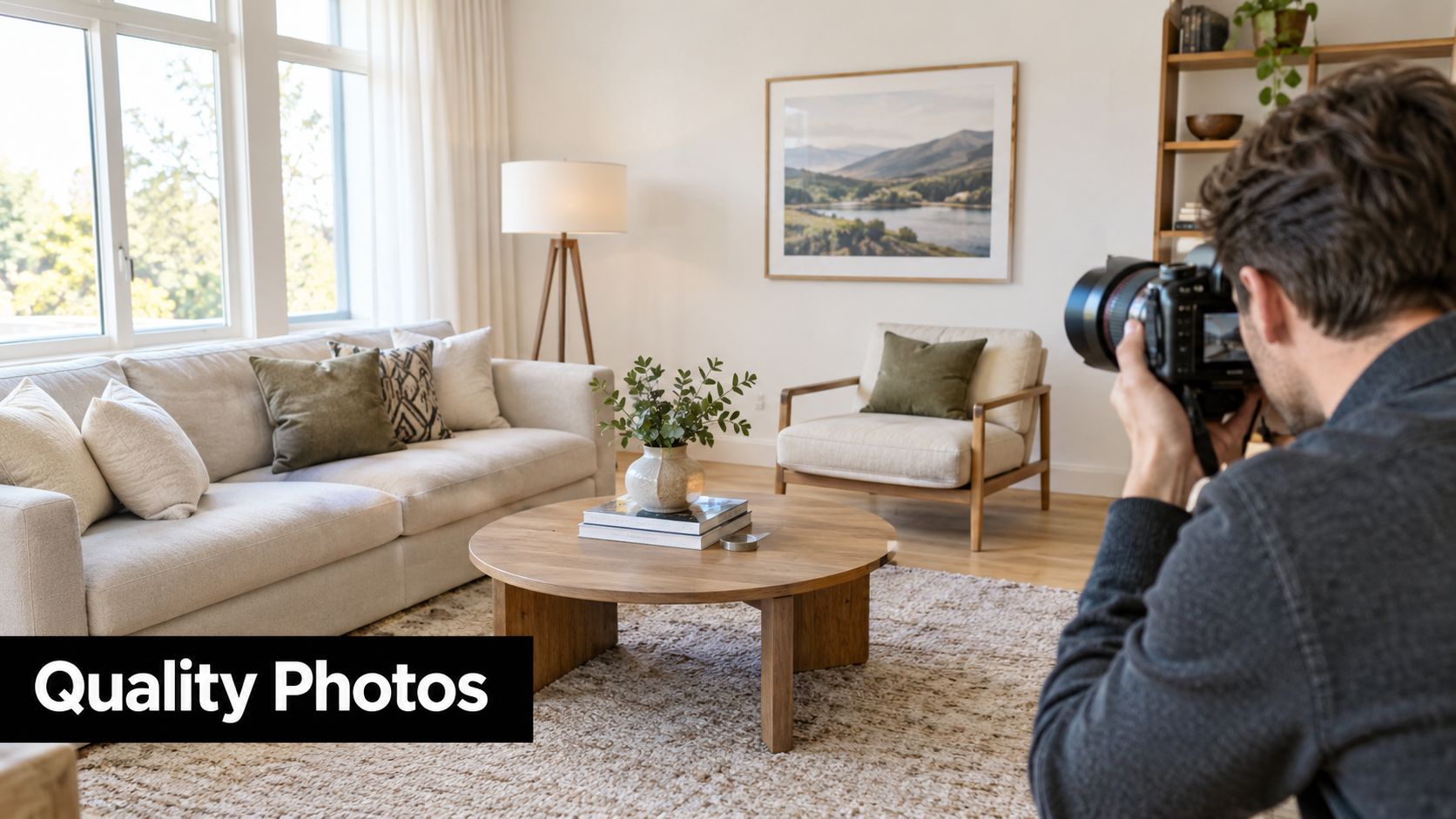 A professional photographer uses a DSLR camera to capture photos of a modern, stylishly decorated living room interior.