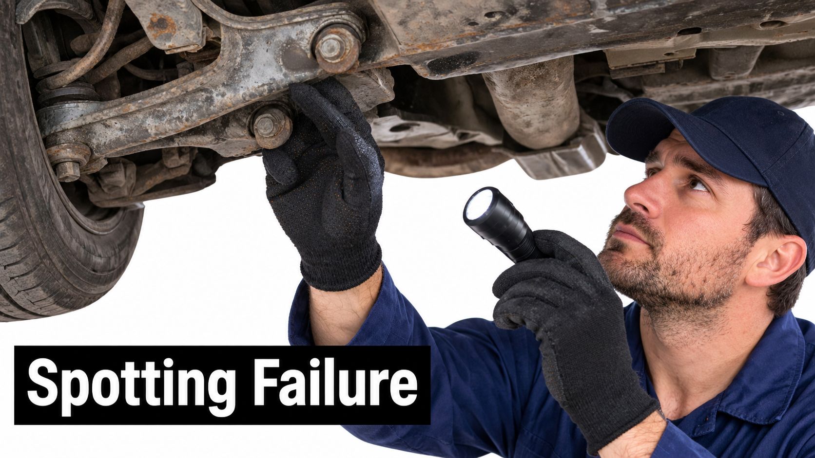A professional car mechanic inspecting a vehicle undercarriage with a flashlight to diagnose potential suspension failure.