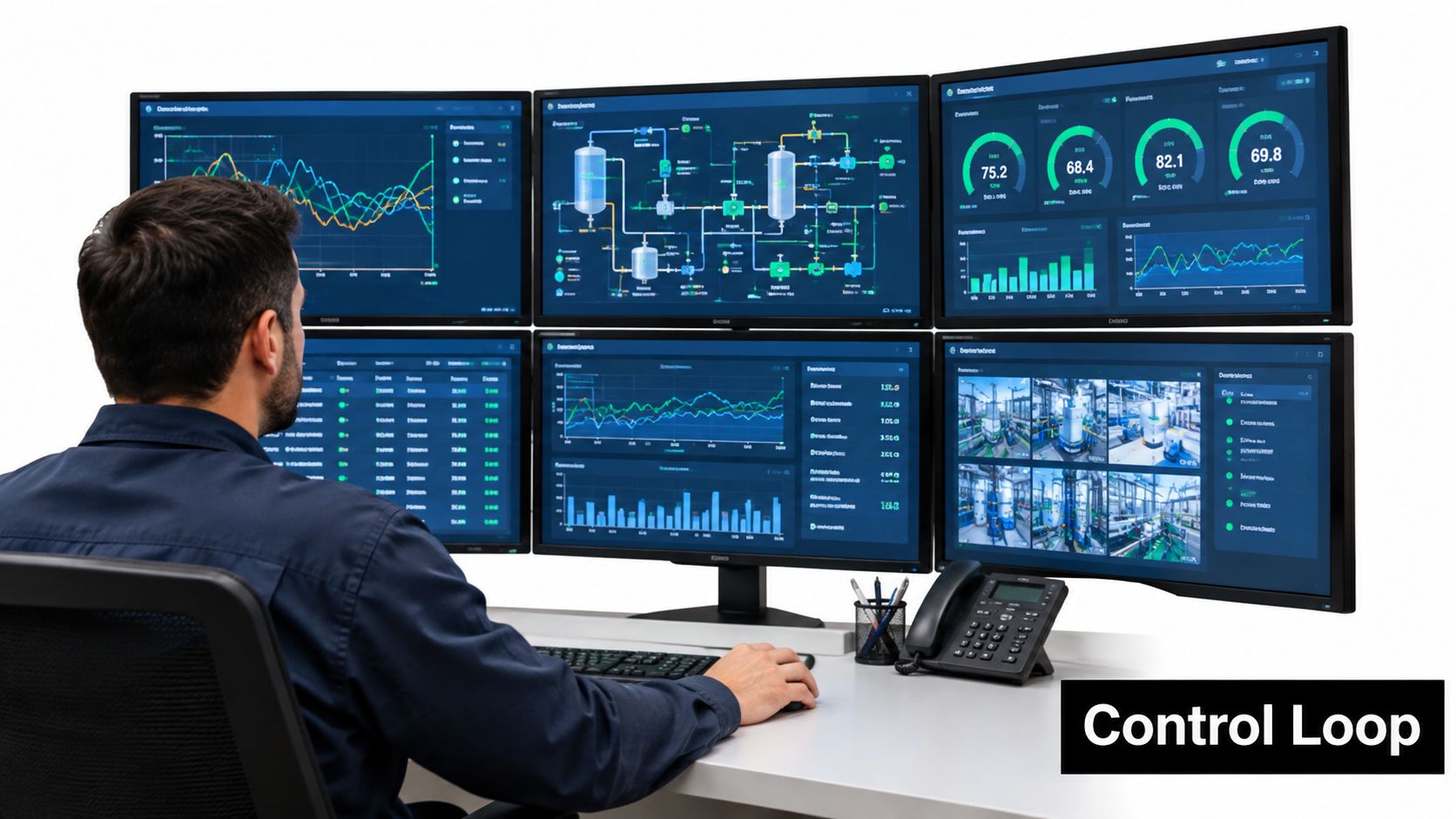 A professional operator monitors complex data dashboards and industrial system controls on a multi-monitor computer setup.