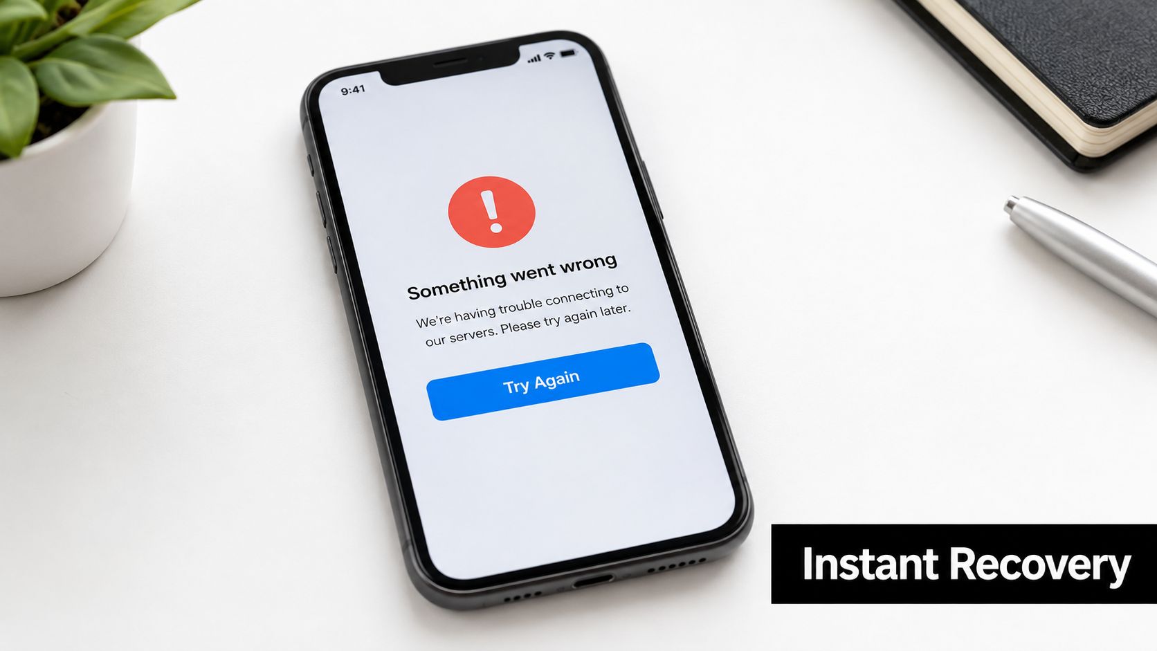 A smartphone display showing a server connection error message with a blue Try Again button.