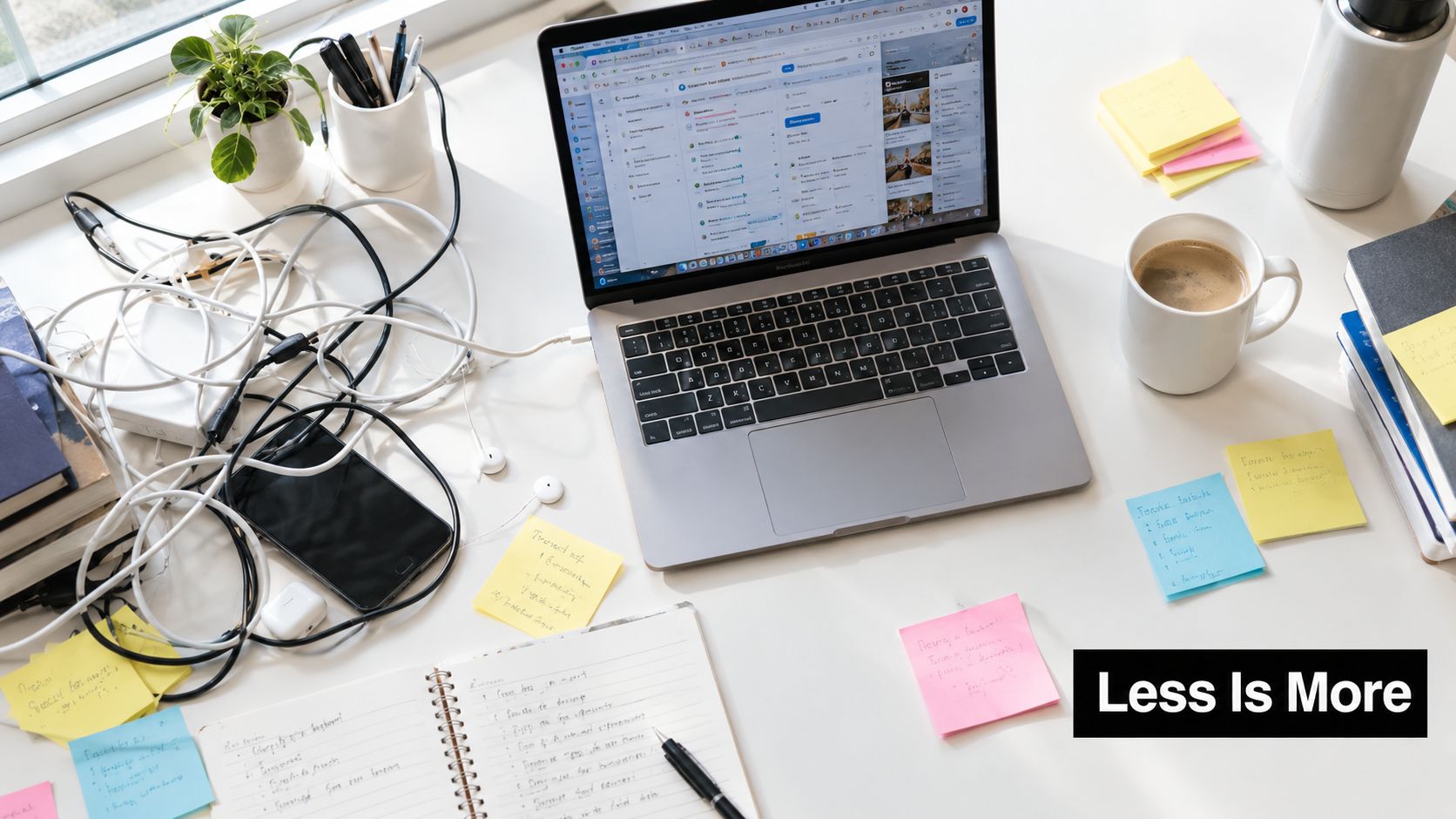 A cluttered workspace featuring a laptop, tangled cables, notebooks, and sticky notes on a white desk.