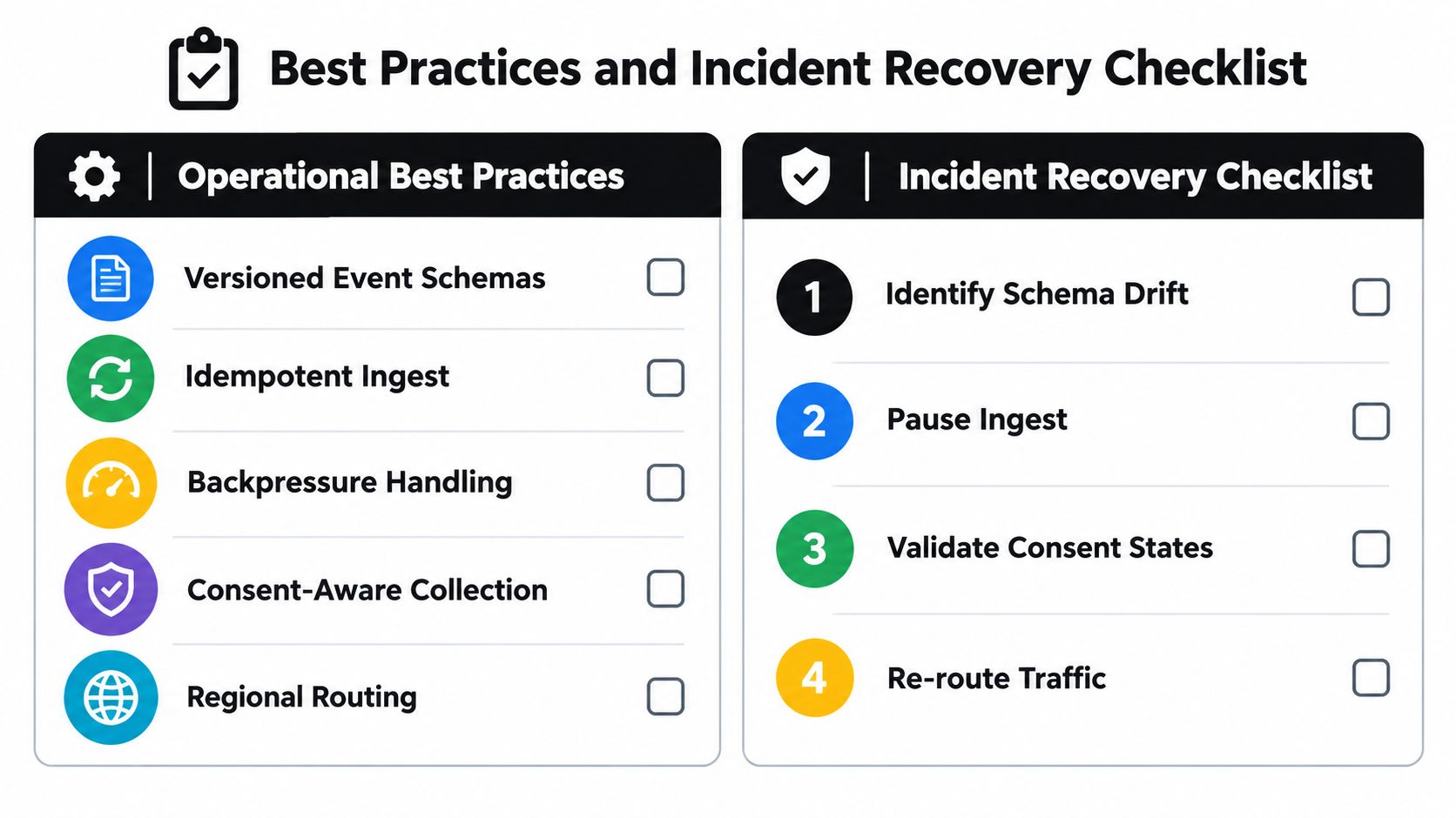 A checklist infographic outlining operational best practices and incident recovery steps for managing data event streams.