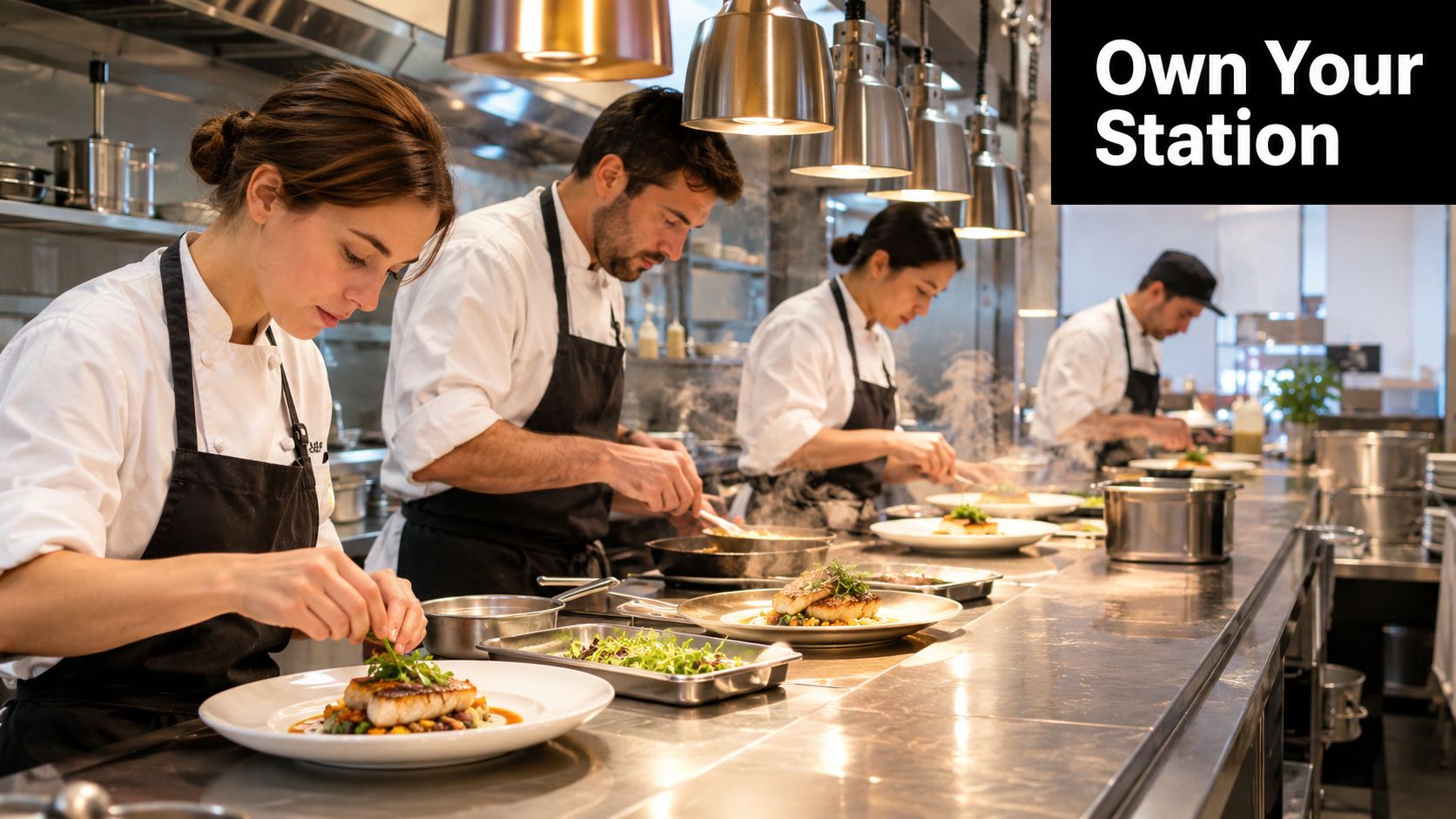Professional chefs working in a busy commercial restaurant kitchen preparing gourmet dishes on a stainless steel line.
