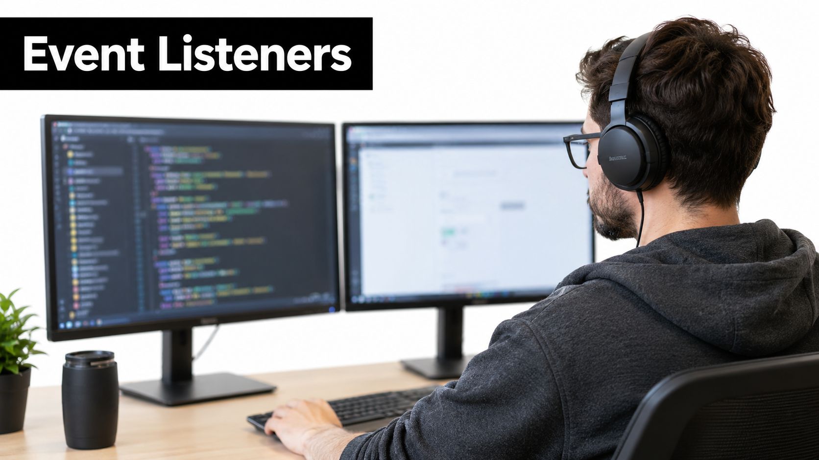 A professional software developer working on code in a dual-monitor setup while wearing headphones.