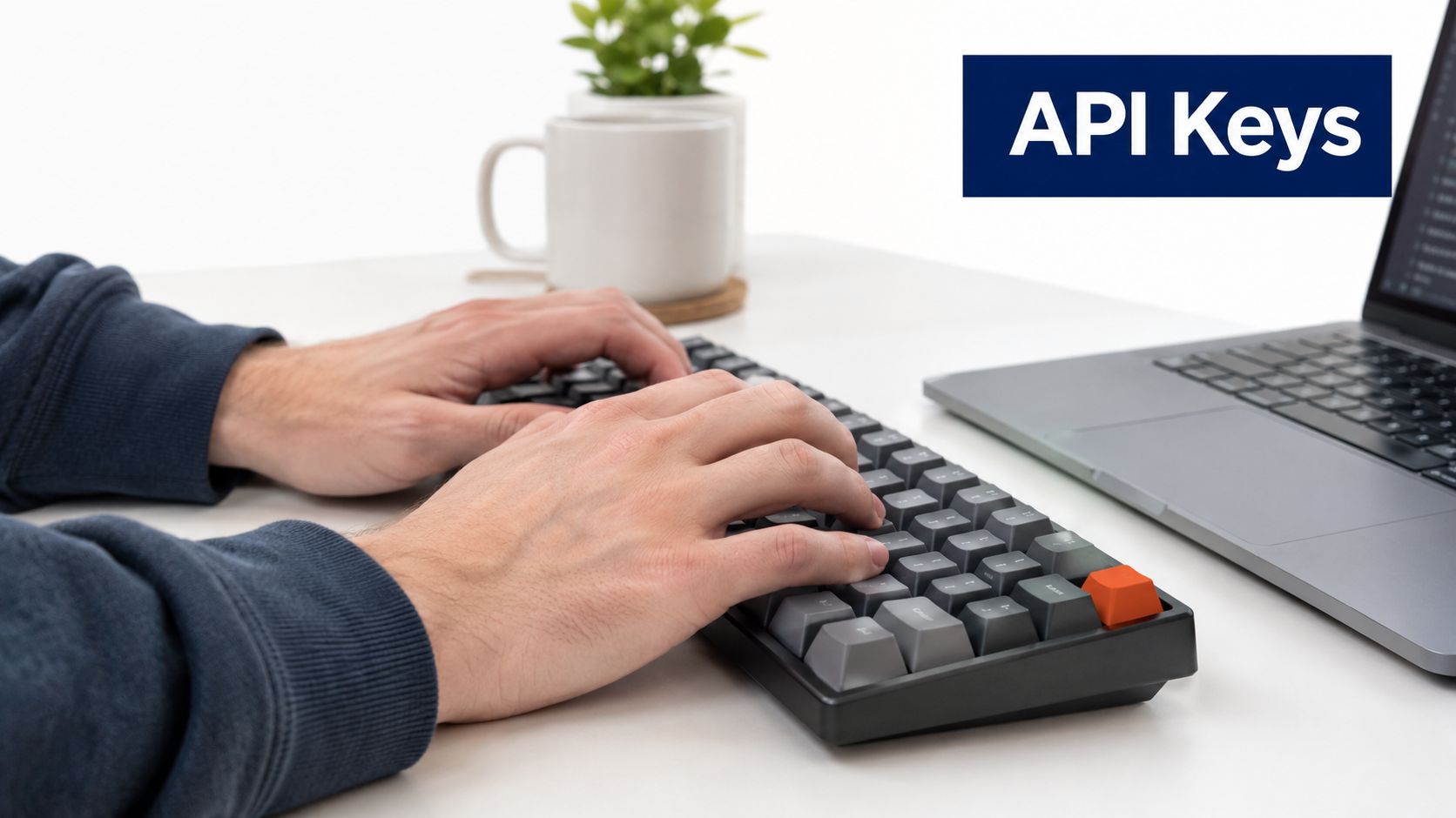 A person typing on a mechanical keyboard while working on a laptop at a white desk.