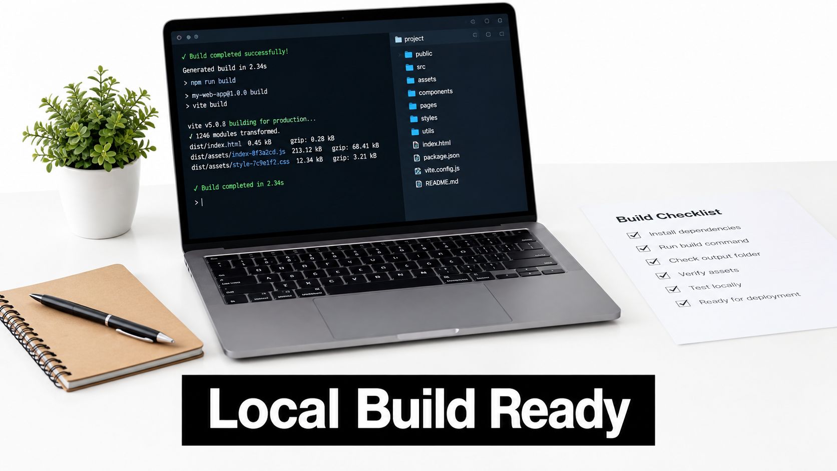 A modern laptop on a desk showing a completed software build process with a checklist nearby.