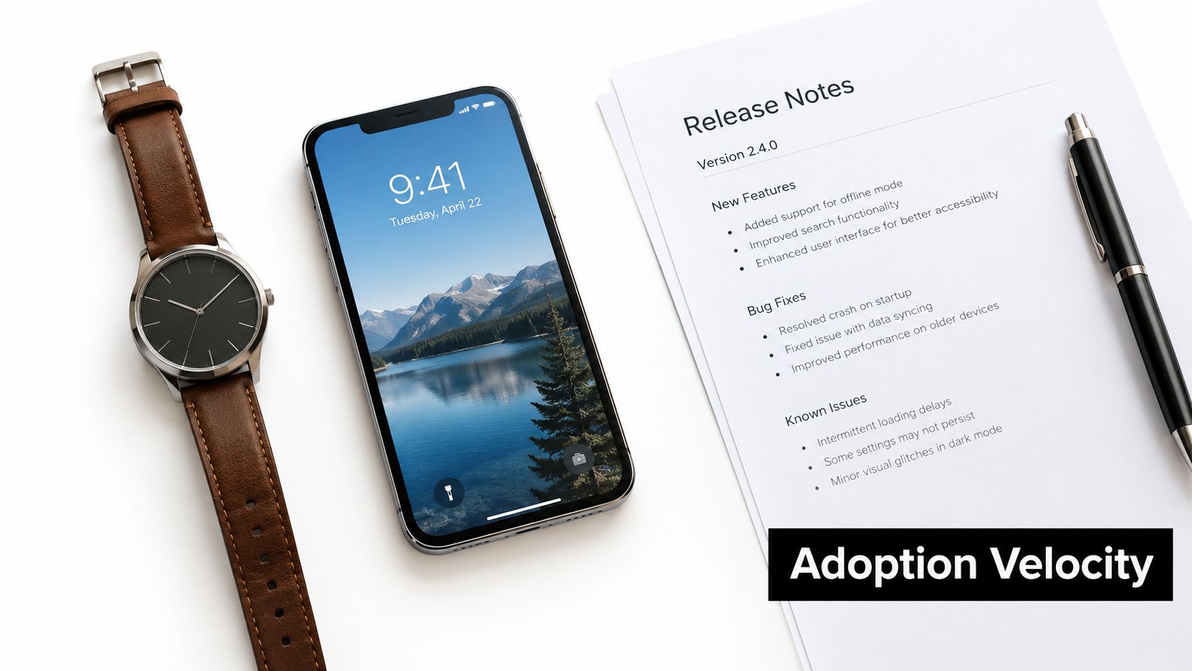 A minimalist workspace showing a smartphone displaying a mountain landscape, a wristwatch, and a release notes document.