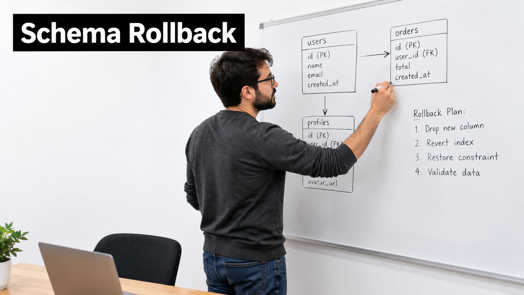 A man draws a database schema diagram and a rollback plan on a whiteboard in an office.