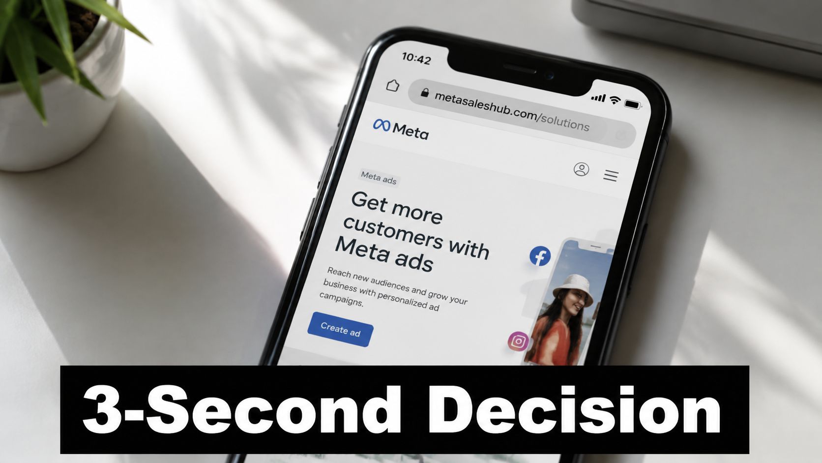 A smartphone screen displaying the Meta ads landing page with a call to action for growing businesses.