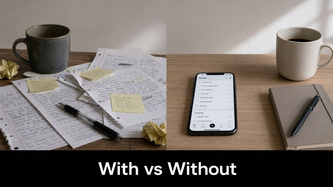 Comparison of a messy desk with handwritten notes versus a clean, organized digital workspace with a phone.